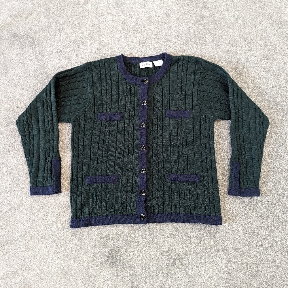 Laura Petites Vintage Wool Cardigan Women's Medium Green and Blue Bead Buttons